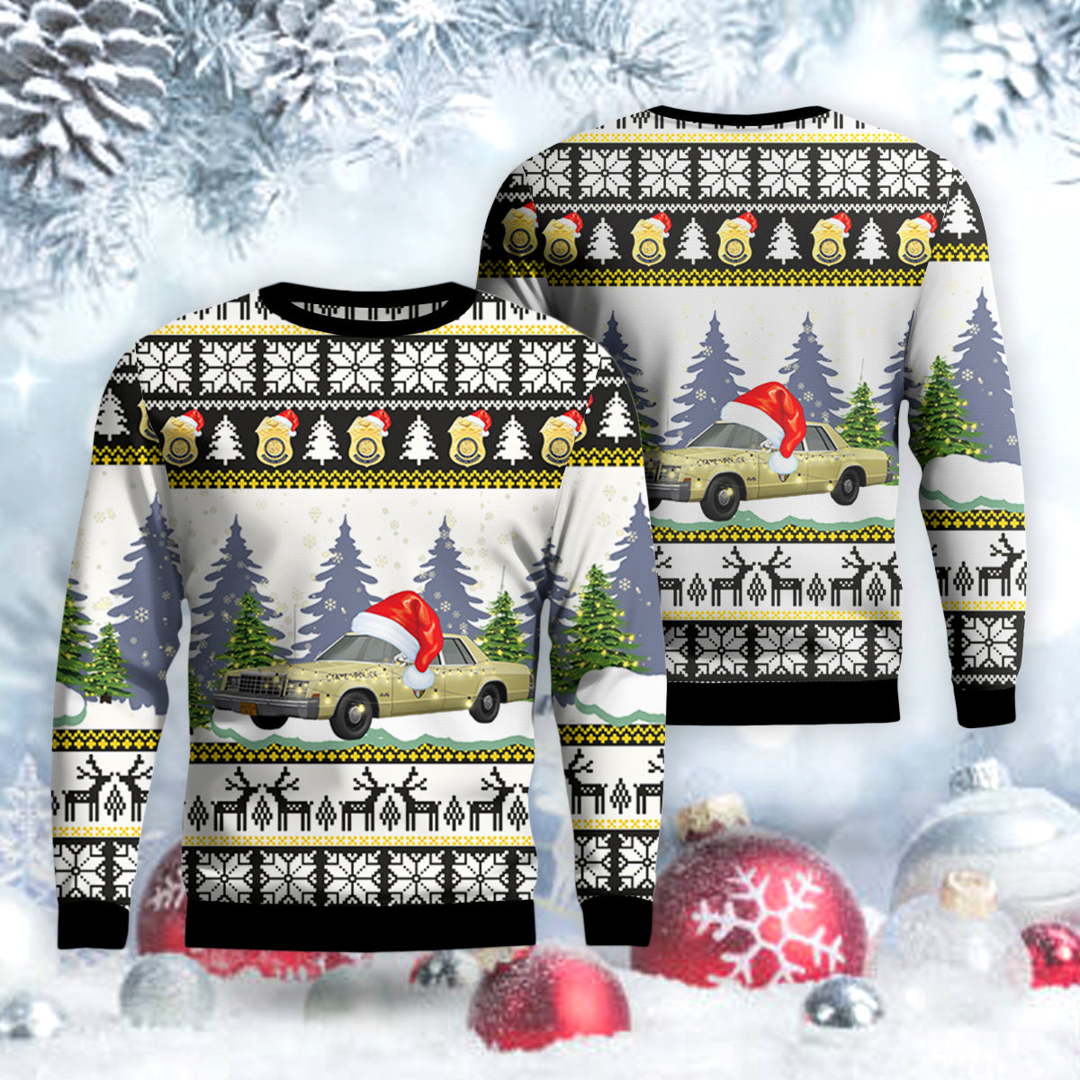 1981 Plymouth Gran Fury Maryland State Police AOP Christmas Sweater