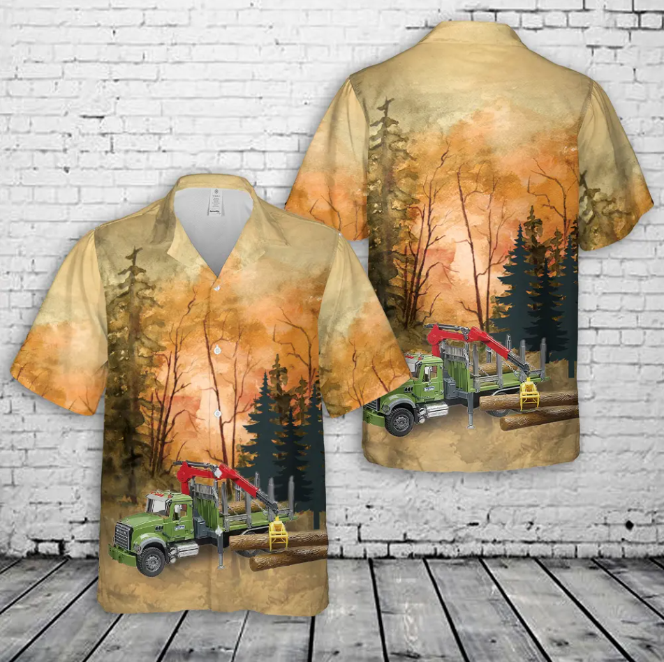 Bruder Mack Granite Timber Logging Truck With Loading Crane And 3 Tree Trunk Logs Hawaiian Shirt