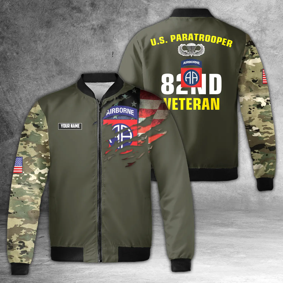 Custom Name US Army 82nd Airborne Division Veteran Paratrooper AOP Fleece Bomber Jacket