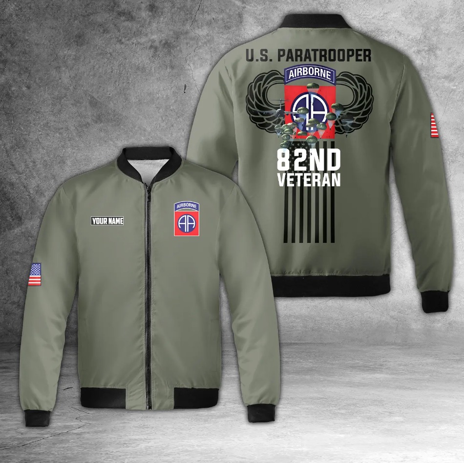 Custom Name US Army 82nd Airborne Division Veteran Paratrooper AOP Fleece Bomber Jacket