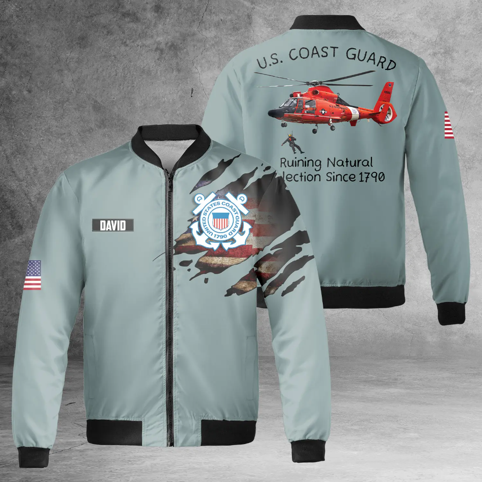 Custom Name US Coast Guard Aerospatiale HH-65C Dolphin Natural Selection AOP Fleece Bomber Jacket