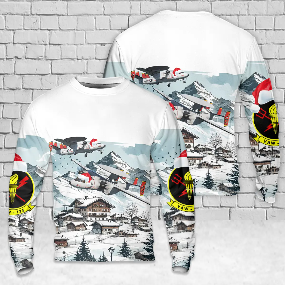 US Navy Northrop Grumman E-2D Advanced Hawkeye of VAW-125 Tigertails AOP Christmas Sweater