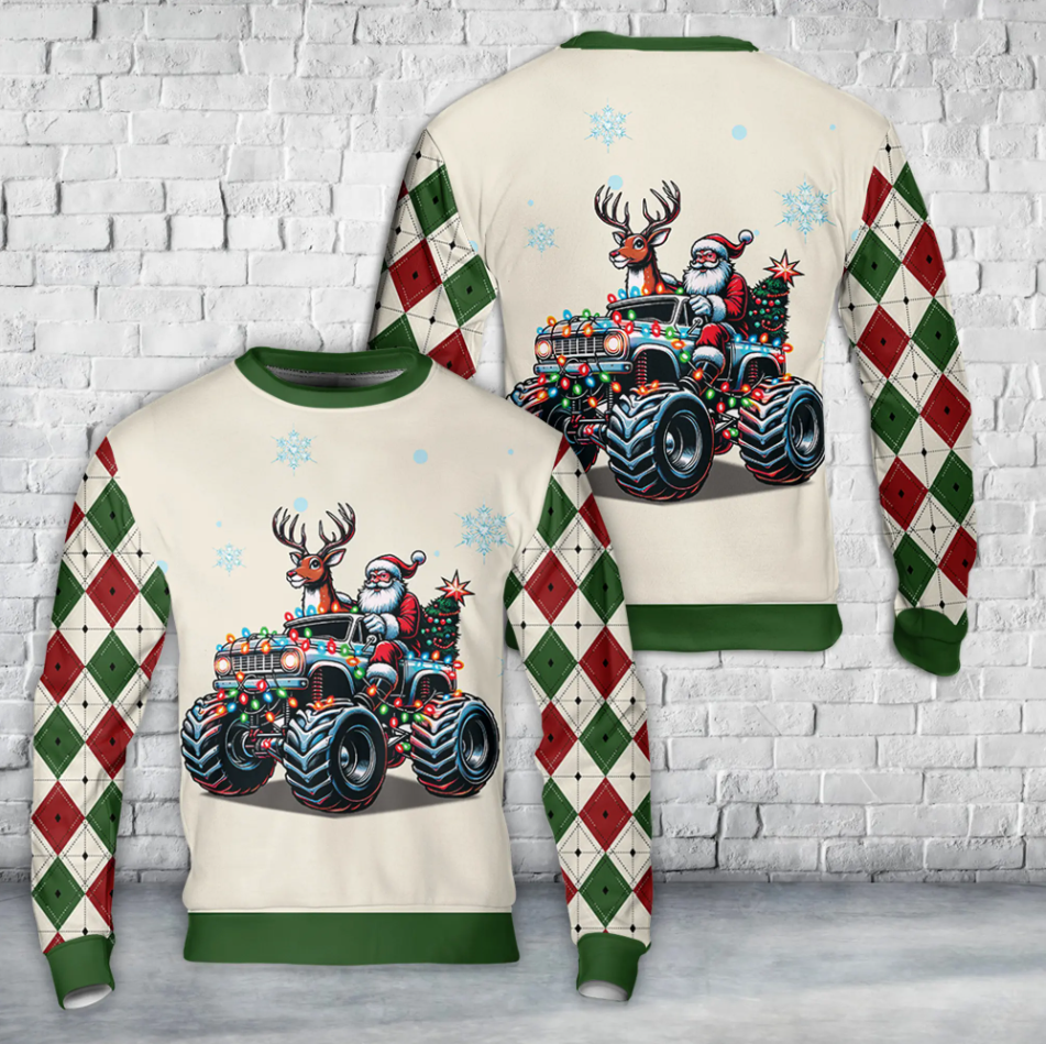 Santa on Monster truck Christmas AOP Sweater