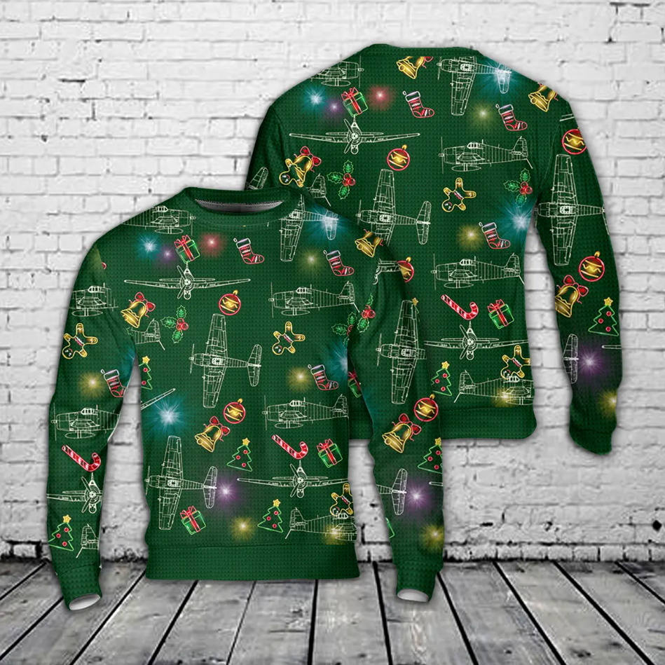 US Navy Grumman F6F Hellcat Silhouette Christmas AOP Sweater