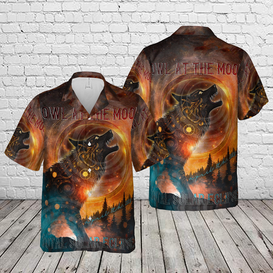 2024 Solar Eclipse "Howl At The Moon - Total Solar Eclipse April.8.24" Wolf Hawaiian Shirt