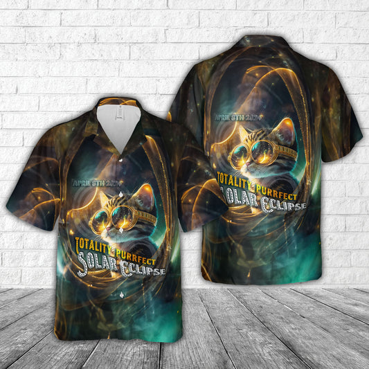 2024 Solar Eclipse 'Totality Purrfect Solar Eclipse 4.8.24' - Cute Space Age Kitty Cat Hawaiian Shirt
