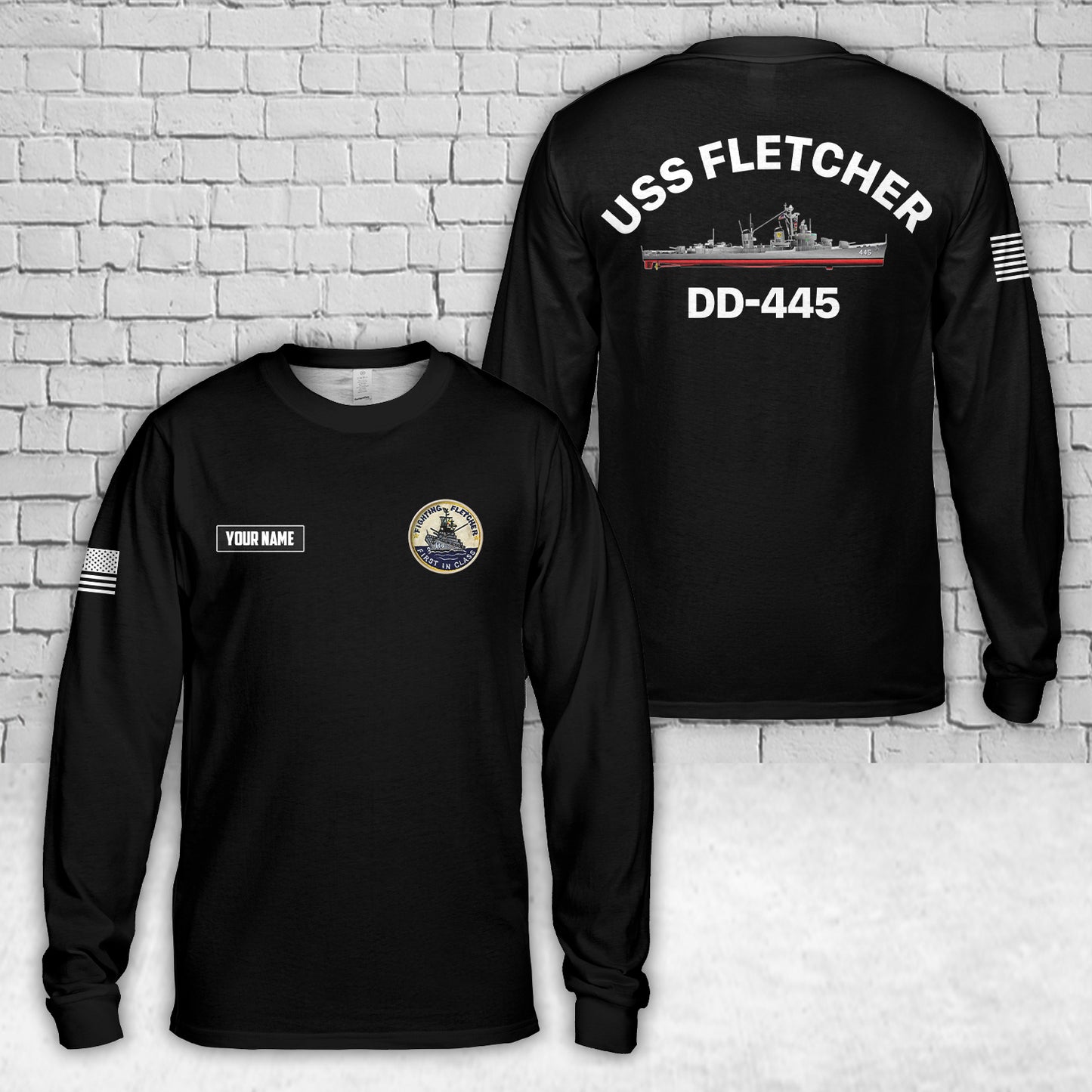 Custom Name US Navy USS FLETCHER (DD-445) AOP Long Sleeve Shirt