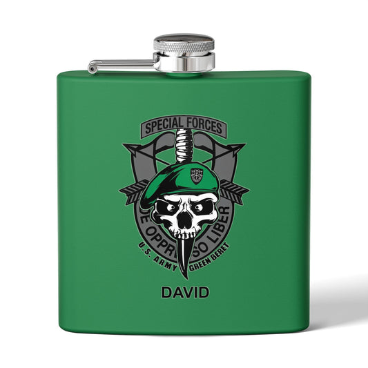 Custom Name US Army Green Beret Special Forces Stainless Steel Flask, 6oz