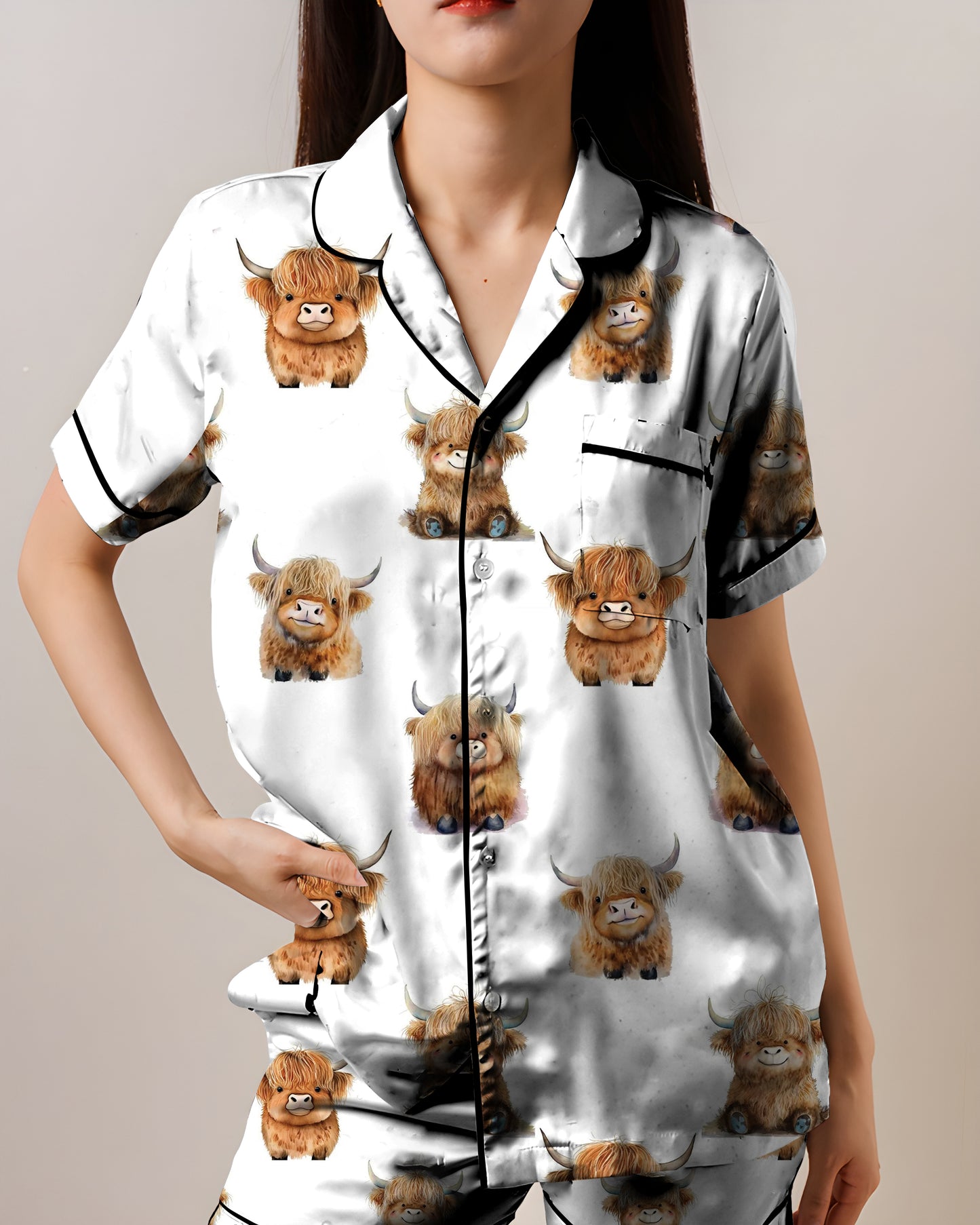 Highland cow AOP Satin Short-Sleeve Pajamas Set