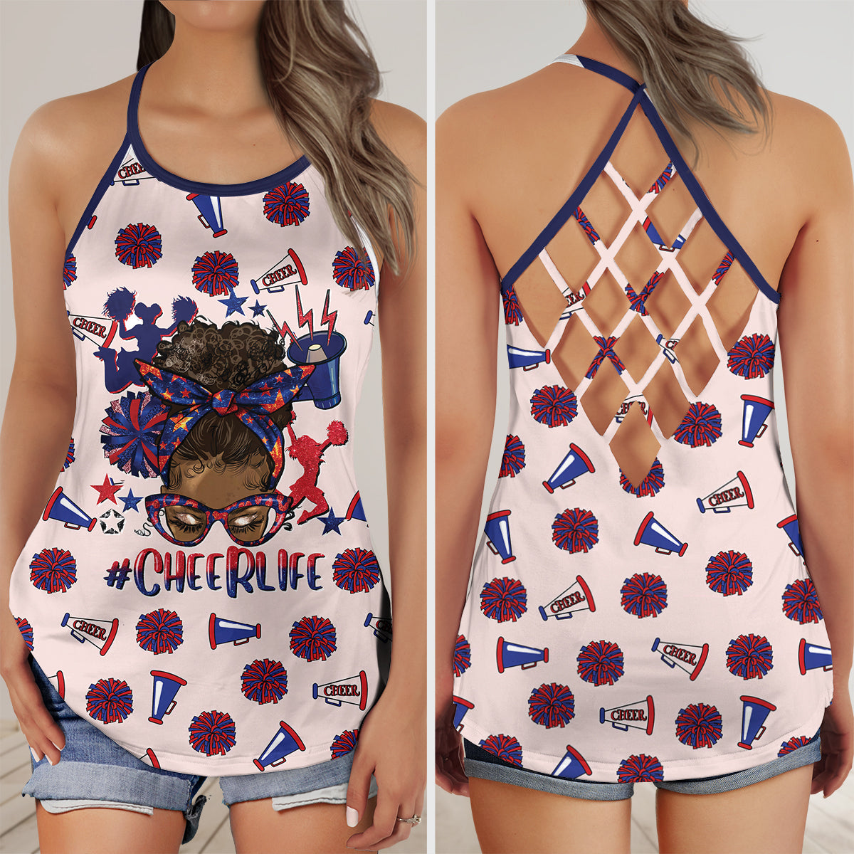 Afro messy bun cheer life blue and red Criss Cross Open Back Tank Top