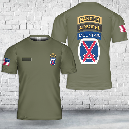 Custom Name US Army 10th Mountain Airborne Ranger T-Shirt 3D
