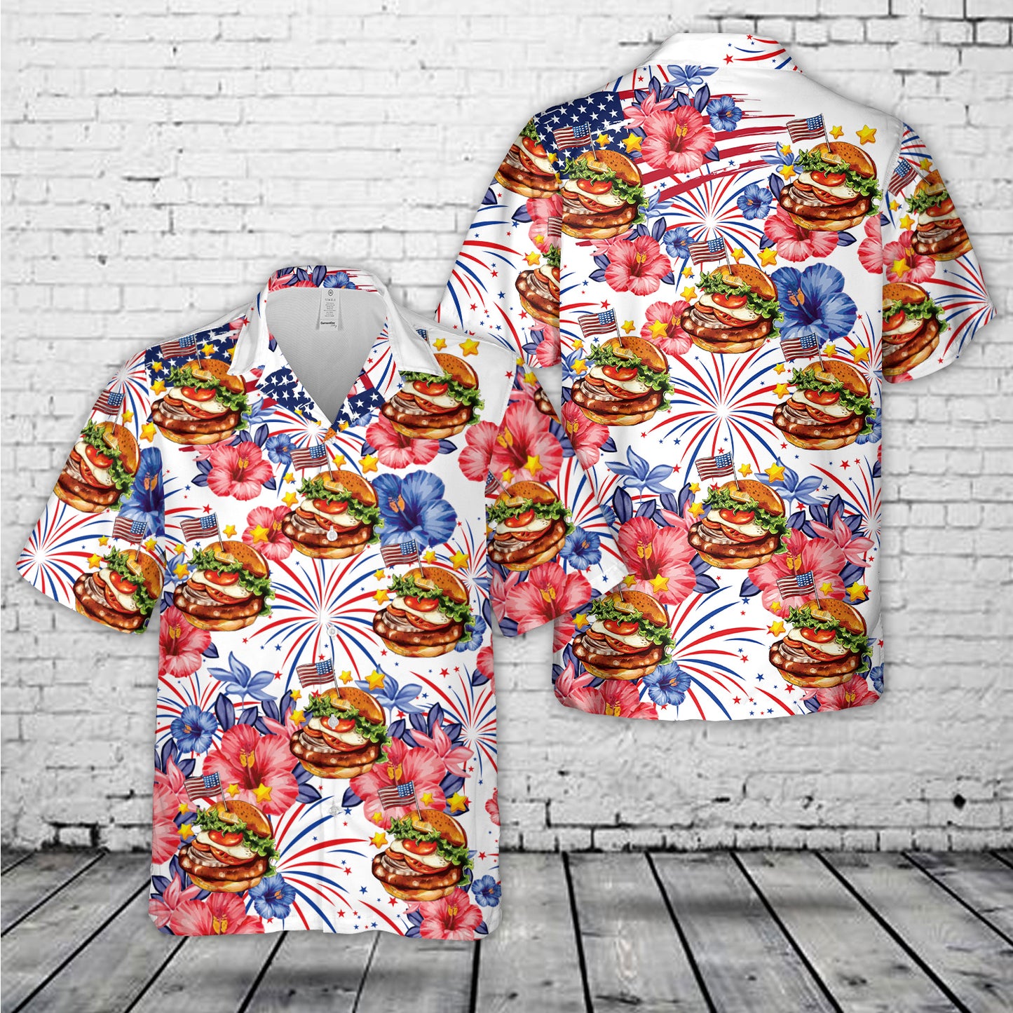 American Flag And Hamburger Hawaiian Shirt