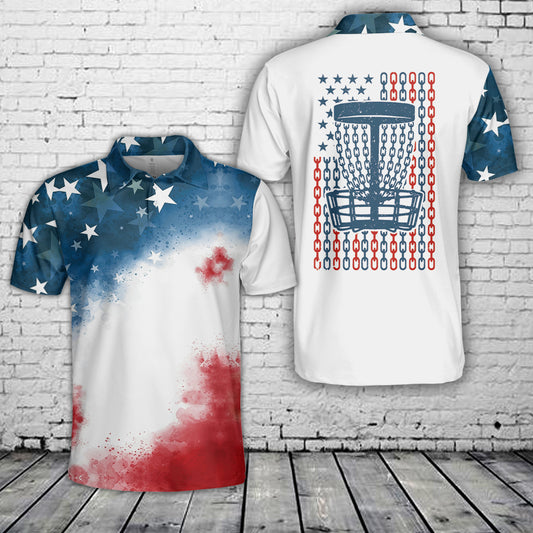 American Flag Patriotic Disc Golf Basket Polo Shirt