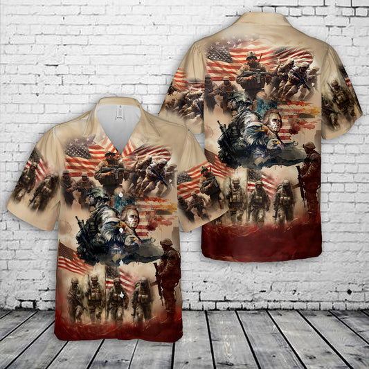 American Military Soldier Standing Beside an American Flag Hawaiian Shirt
