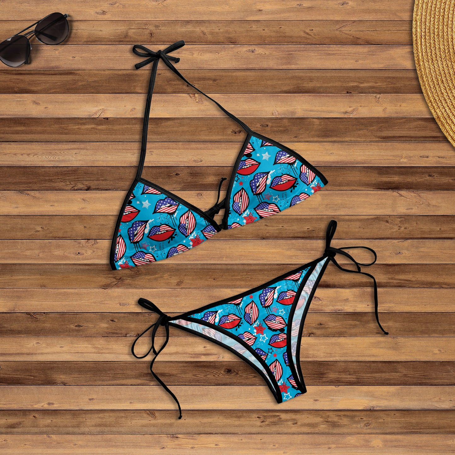 American Pattern With Lips AOP String Bikini