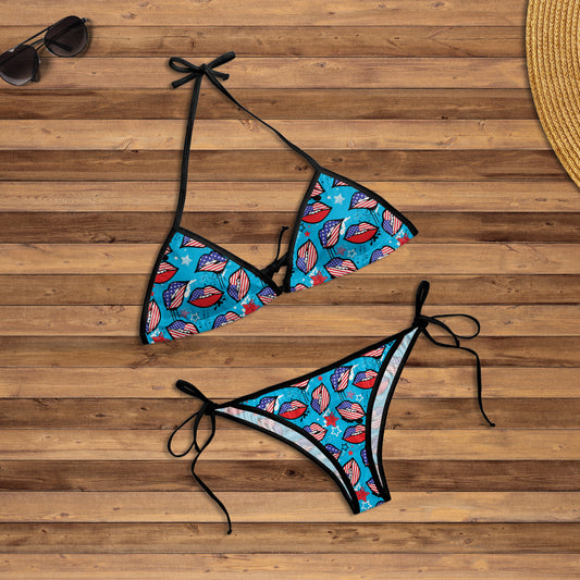 American Pattern With Lips AOP String Bikini