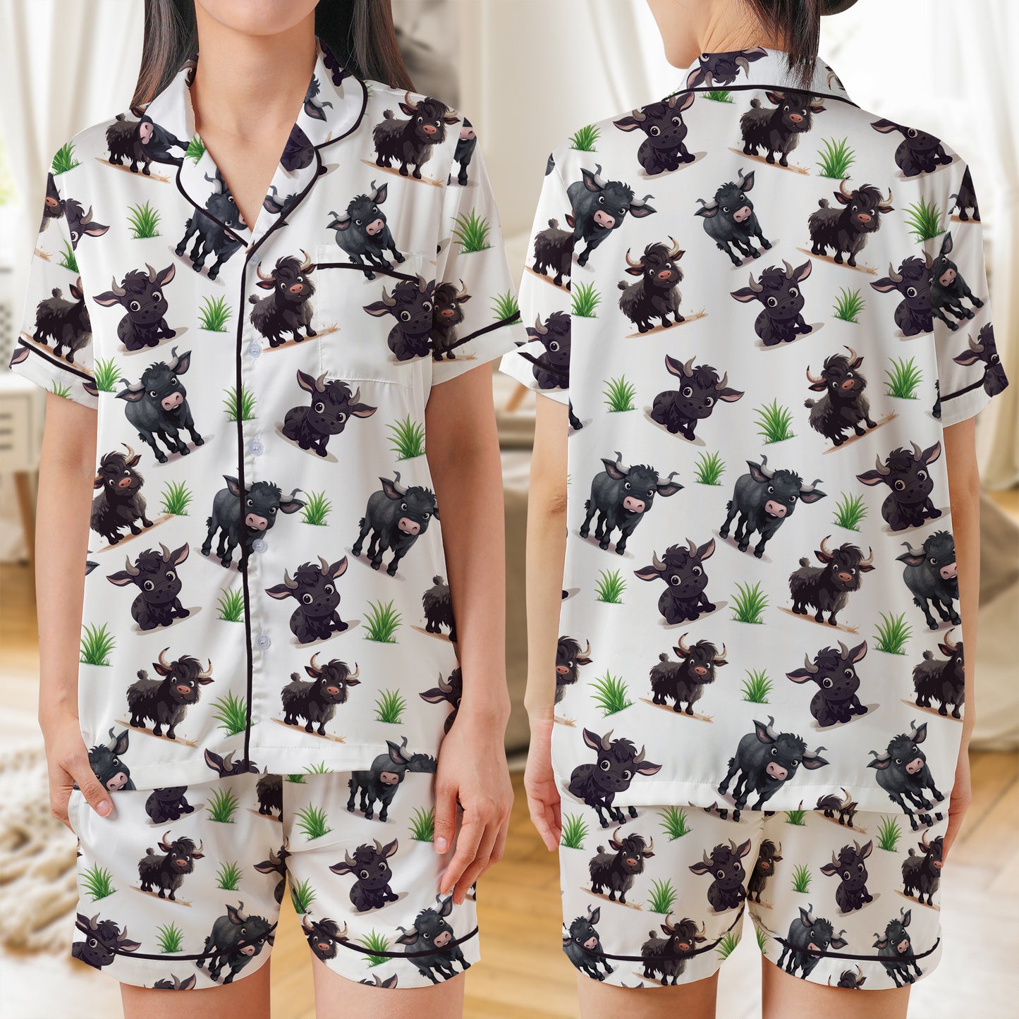 Angus Cow AOP Satin Short-Sleeve Pajamas Set
