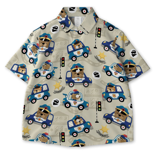 Animals Driving Police Car AOP Youth Button Down Shirt