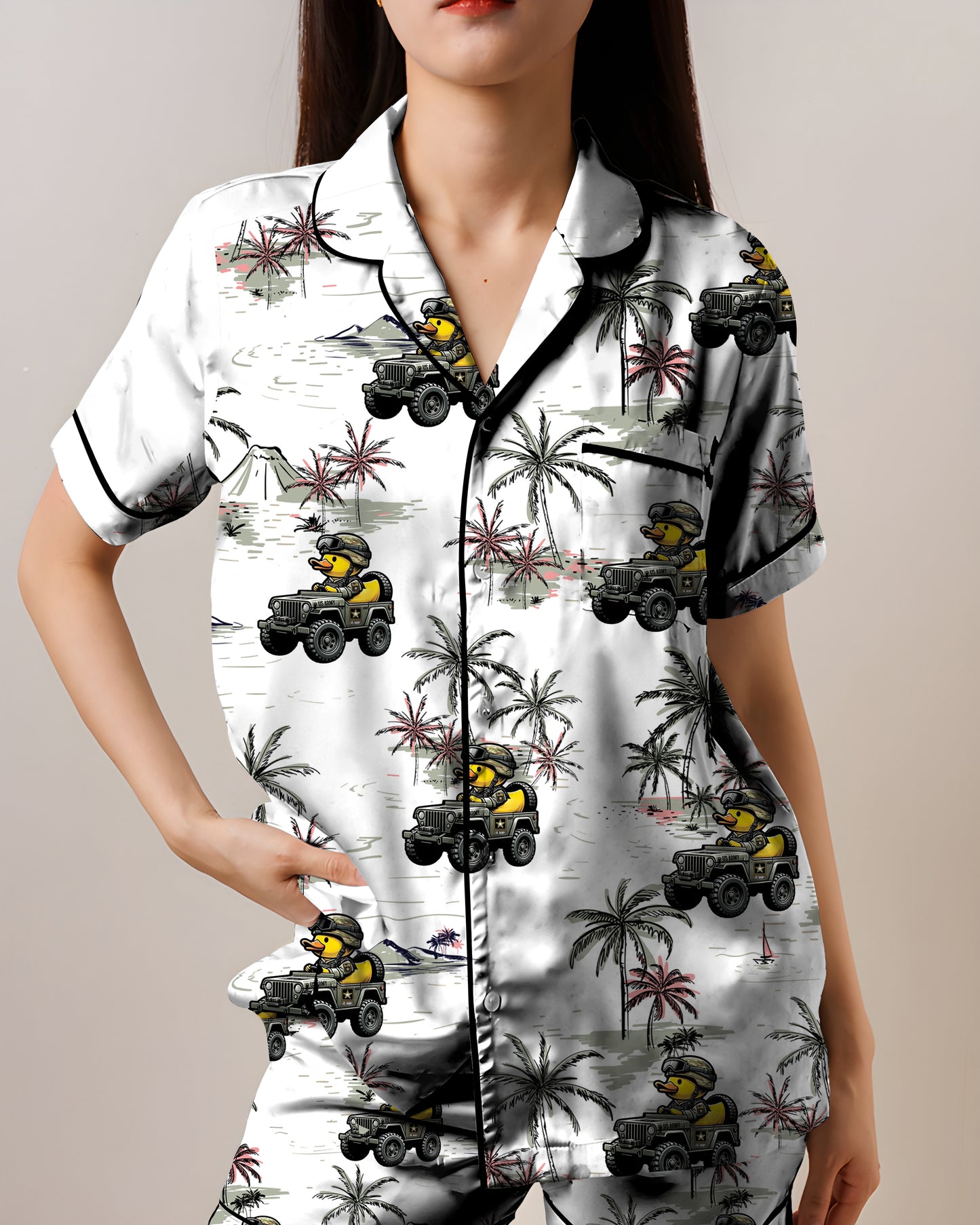 Army Rubber Ducky Riding American Off-Road Satin Short-Sleeve Pajamas Set