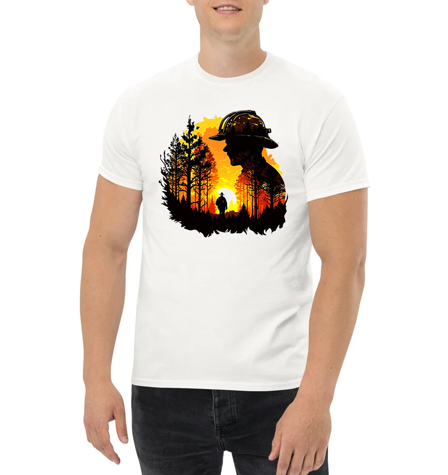 Artistic Sunset Forest Firefighter Classic Unisex T-Shirt Gildan 5000 (Made In US)