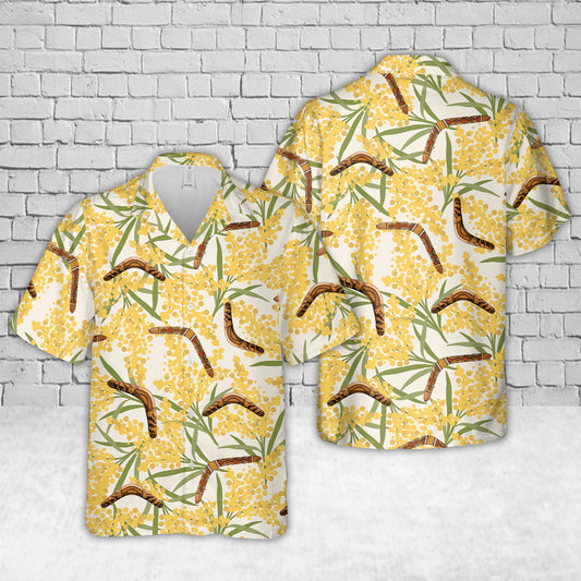 Australian boomerang Golden Wattle Flowers Hawaiian Shirt