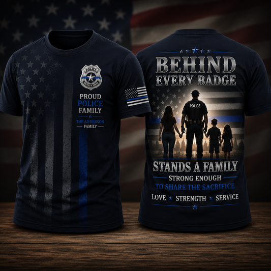 Proud Police Family Behind Every Badge 3D T-Shirt | Custom Name Gift