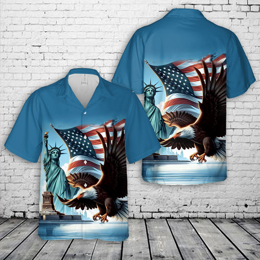 Bald Eagle American Flag Statue of Liberty 4th Of July Hawaiian Shirt