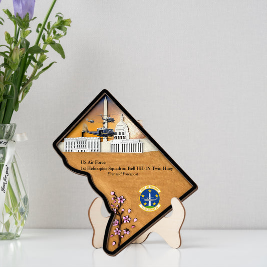 Bell UH-1N Twin Huey of the 1st Helicopter Squadron flying over Washington DC Custom Shape 2-layer Wooden Sign