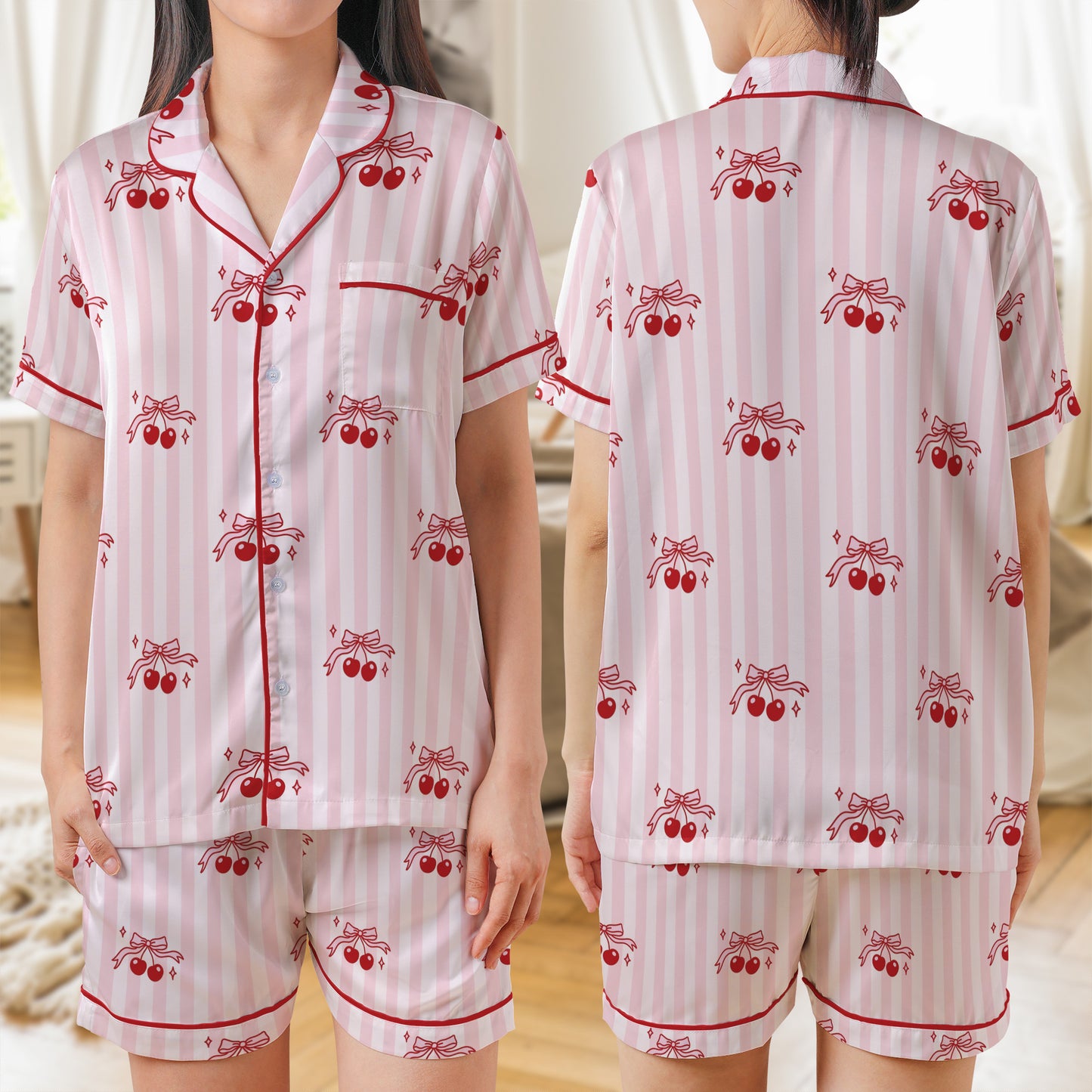 Bow Knots, Cherry Berry And Stars On Striped Pink AOP Satin Short-Sleeve Pajamas Set