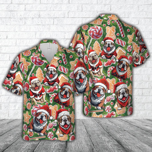 Bulldog Wearing Santa Hat Christmas Hawaiian Shirt