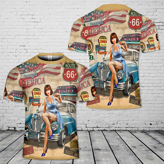 Car travel through America vintage Route 66 T-Shirt 3D