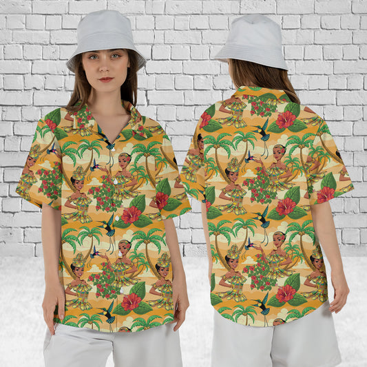 Caribbean girl with Traditional, Hummingbirds, Palm Trees, Hibiscuses Hawaiian Shirt For Women