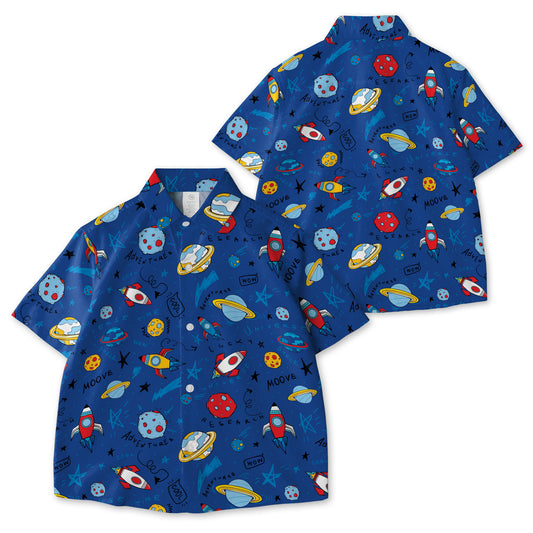Cartoon Space Rockets AOP Youth Button Down Shirt