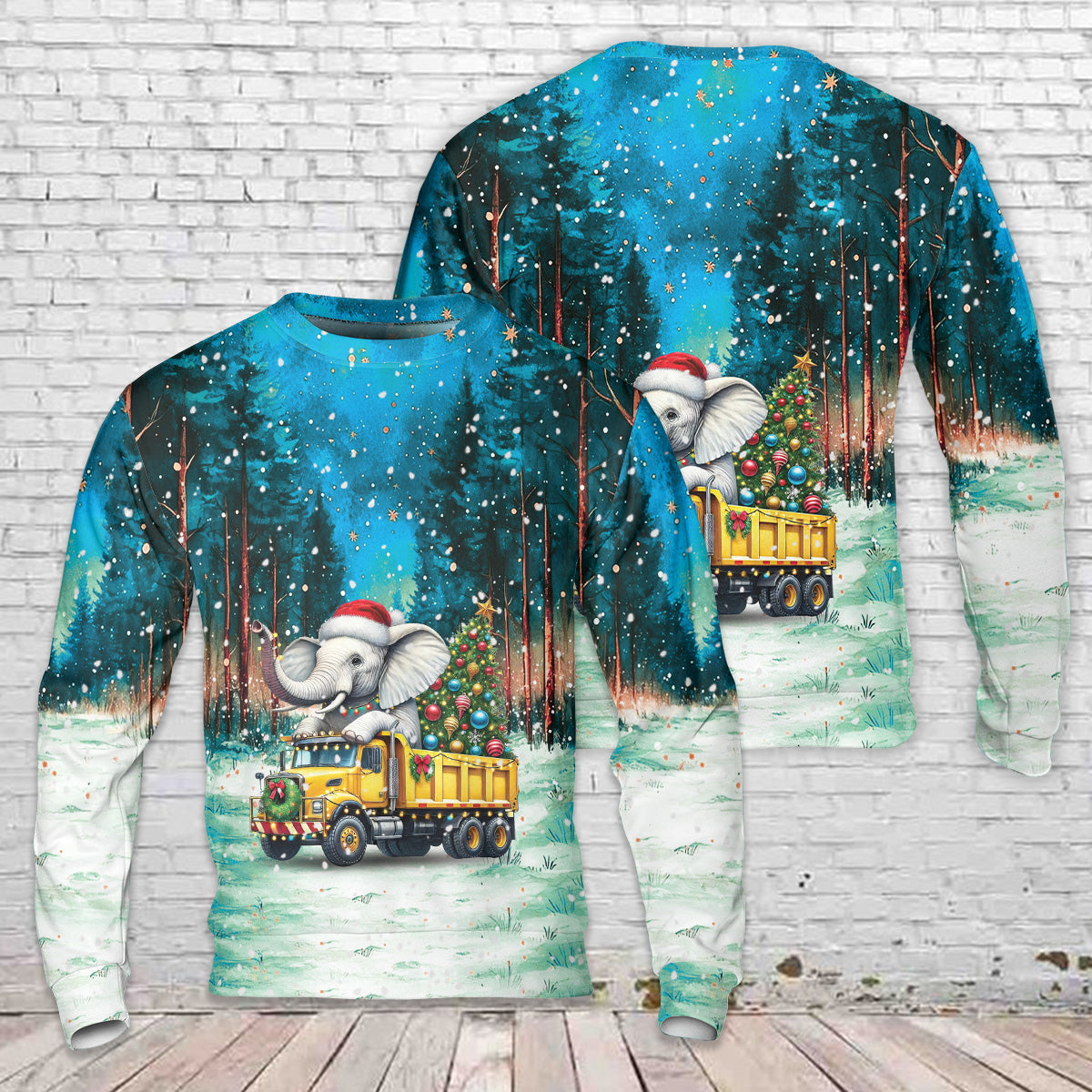Christmas Elephant Dump Truck Christmas AOP Sweater