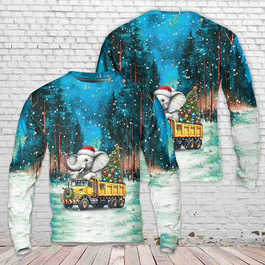 Christmas Elephant Dump Truck Christmas AOP Sweater