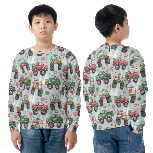 Christmas Monster Trucks AOP Youth Sweatshirt