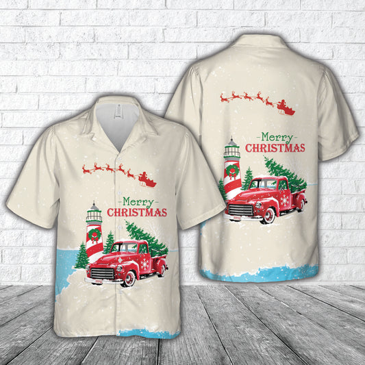 Christmas Vintage Red Truck with Lighthouse, and Pine tree Hawaiian Shirt