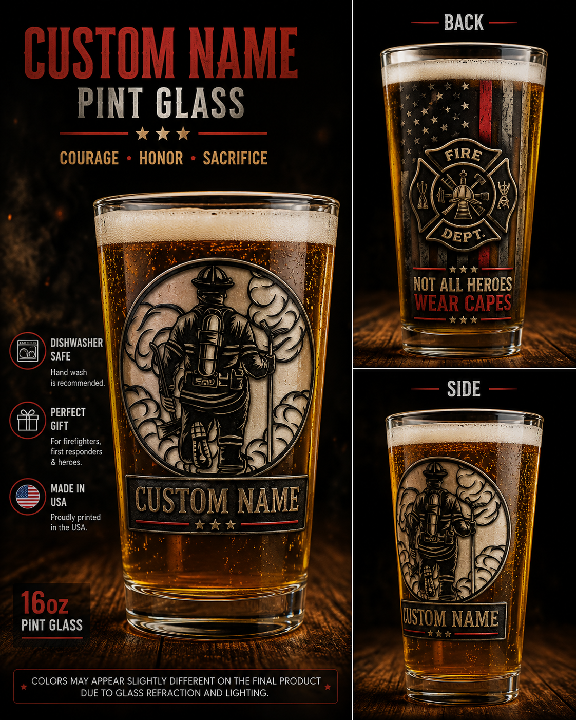 Personalized Firefighter Beer Pint Glass Courage Honor Sacrifice