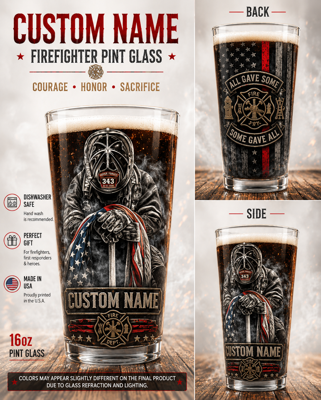 Custom Name Firefighter Memorial Pint Glass Never Forget 343