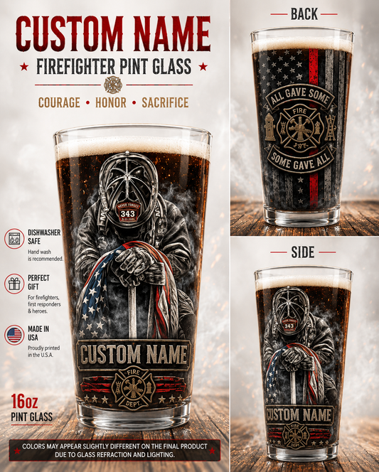 Custom Name Firefighter Memorial Pint Glass Never Forget 343