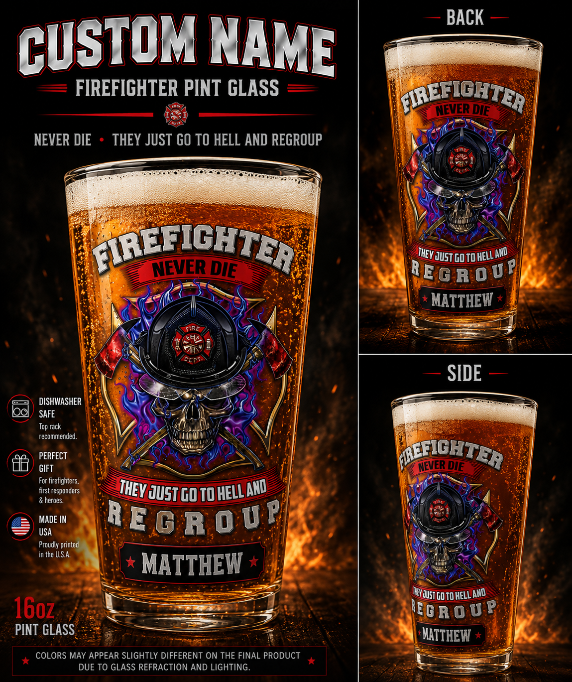 Personalized Firefighter Skull Beer Pint Glass Gift