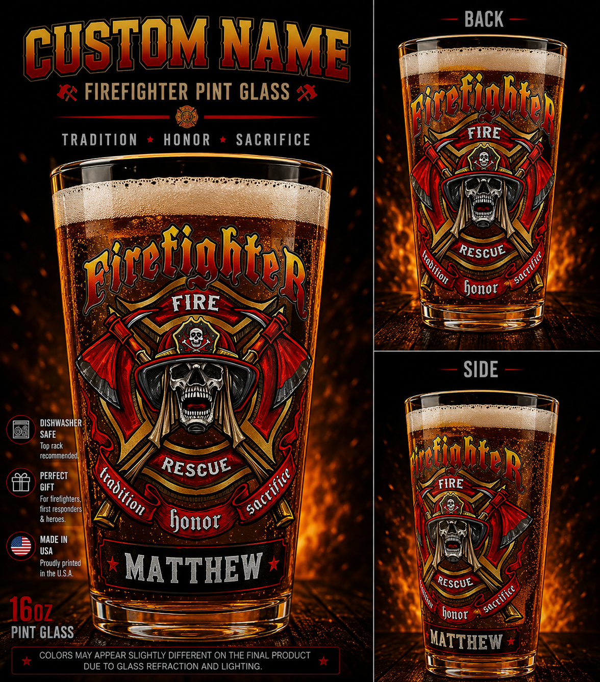 Personalized Firefighter Skull Beer Pint Glass Gift
