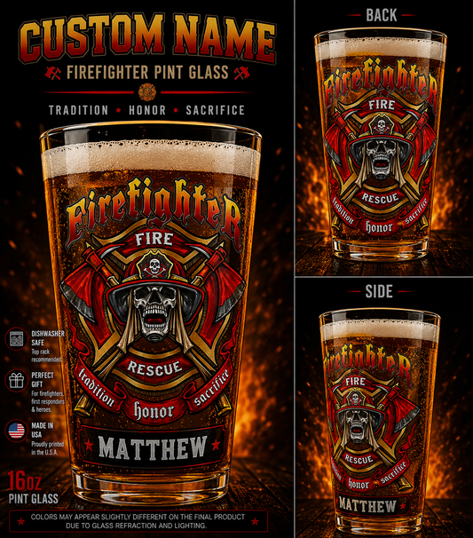 Personalized Firefighter Skull Beer Pint Glass Gift