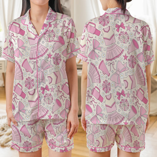 Coquette Pink Girlie Cheerleading Cheerleader Team AOP Satin Short-Sleeve Pajamas Set