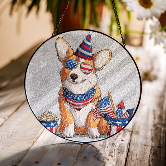 Corgi With American Independence Day 4th Of July Stained Glass Suncatcher for Window Hanging