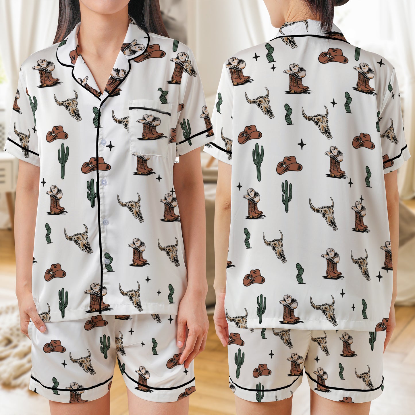 Cowgirl Western AOP Satin Short-Sleeve Pajamas Set