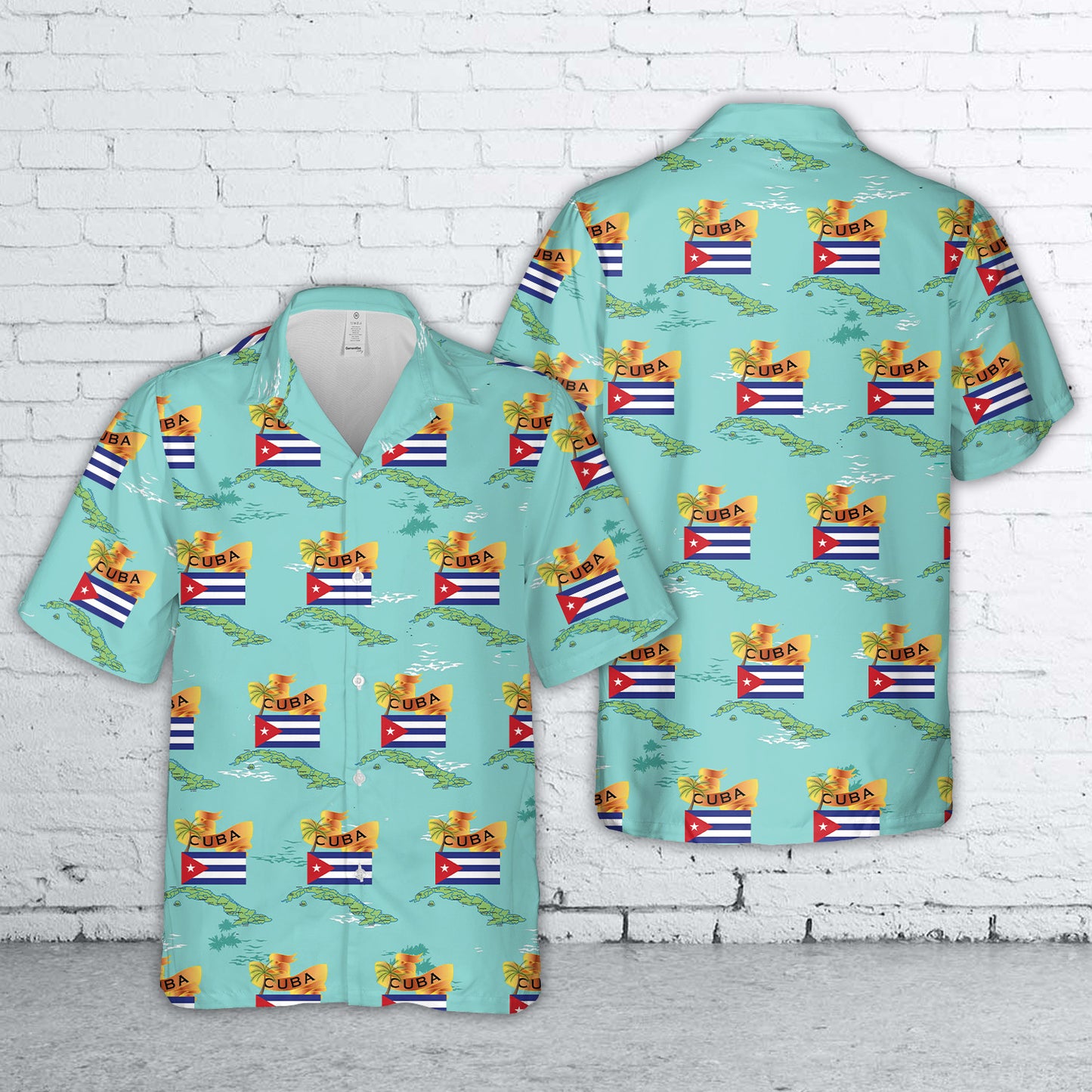 Cuba with Palm and Map Green Hawaiian Shirt