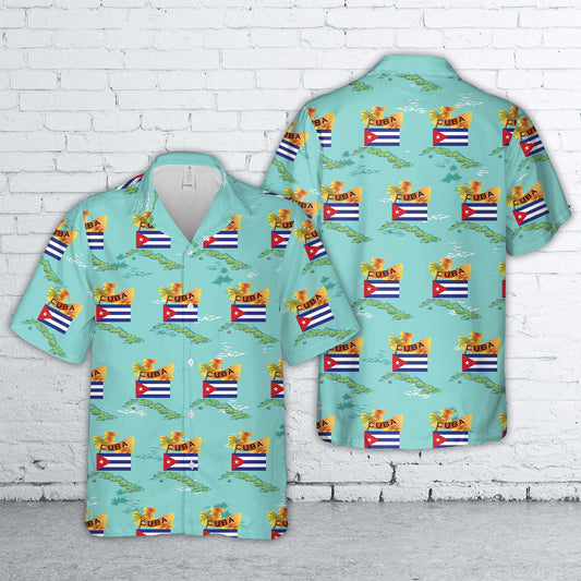 Cuba with Palm and Map Green Hawaiian Shirt