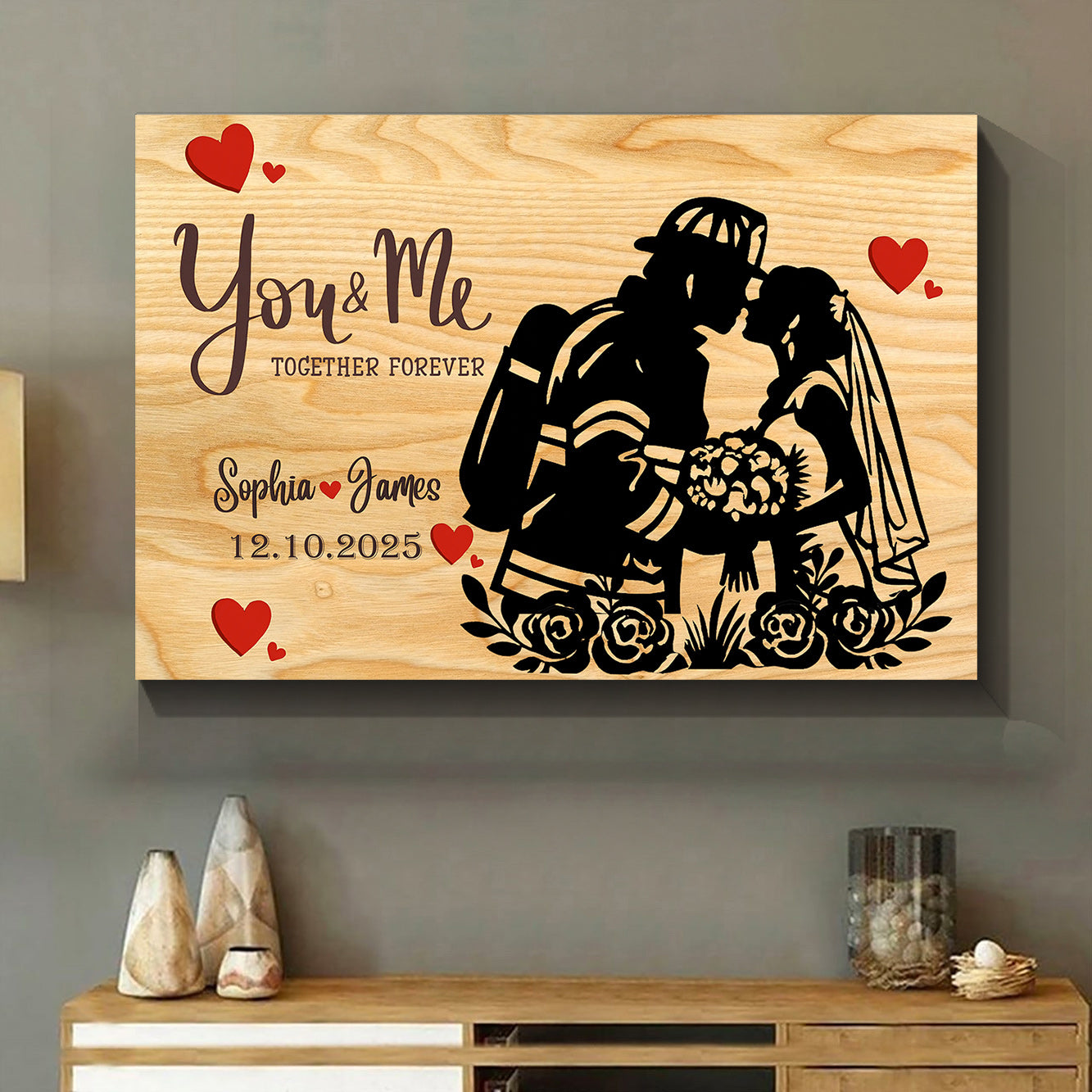 Custom Couple Name & Date Firefighter Valentine Canvas