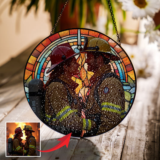 Custom Firefighter Couple, Valentine Day Stained Glass Suncatcher for Window Hanging